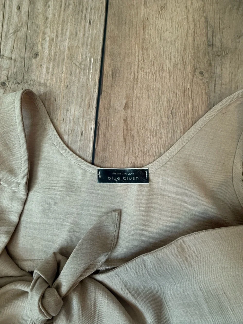 Blue Blush tan colored Tie-Front Button-Down Midi linen blend Dress - Picture 8 of 12